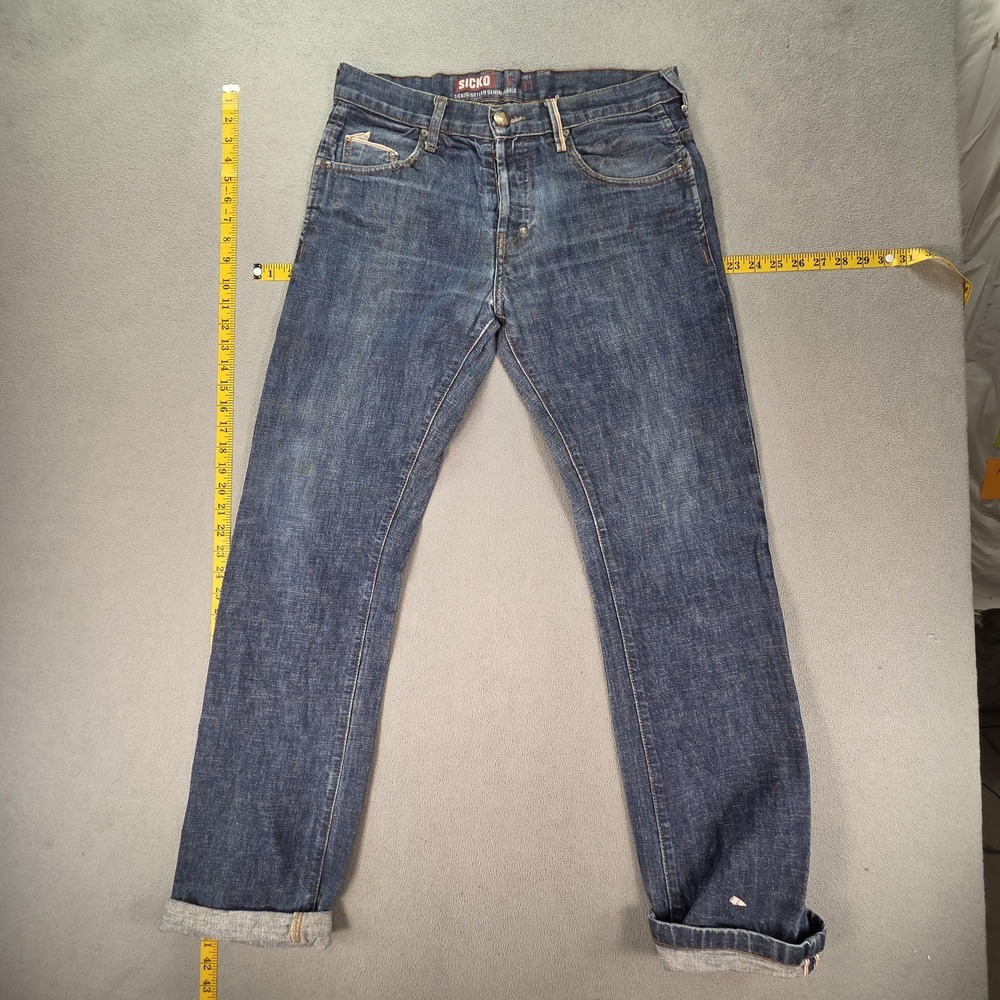 Sicko Jeans Mens 32x31 Med Wash Blue Slim‎ Tapered Button Fly Cinch Back Denim